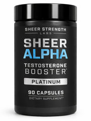 Sheer Strength Alpha bottle close-up showing premium formula for workouts