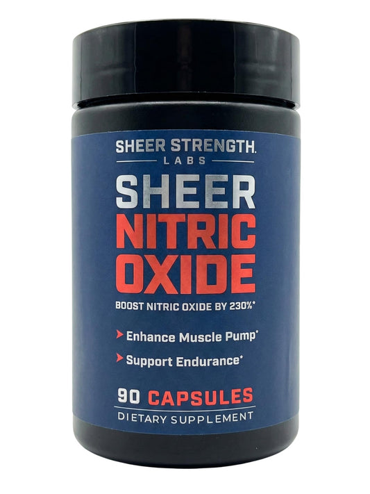 Sheer Strength Labs Nitric Oxide bottle ready to support pumps and steady stamina.