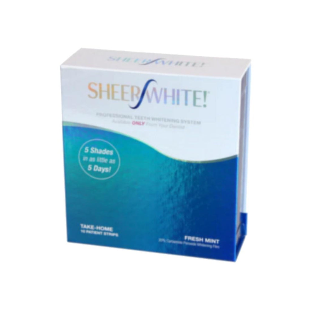 Sheer White! lower strip on teeth highlights comfortable wear and targeted whitening.