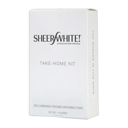 Sheer White! pack front showing five upper and five lower strips for easy at-home whitening.