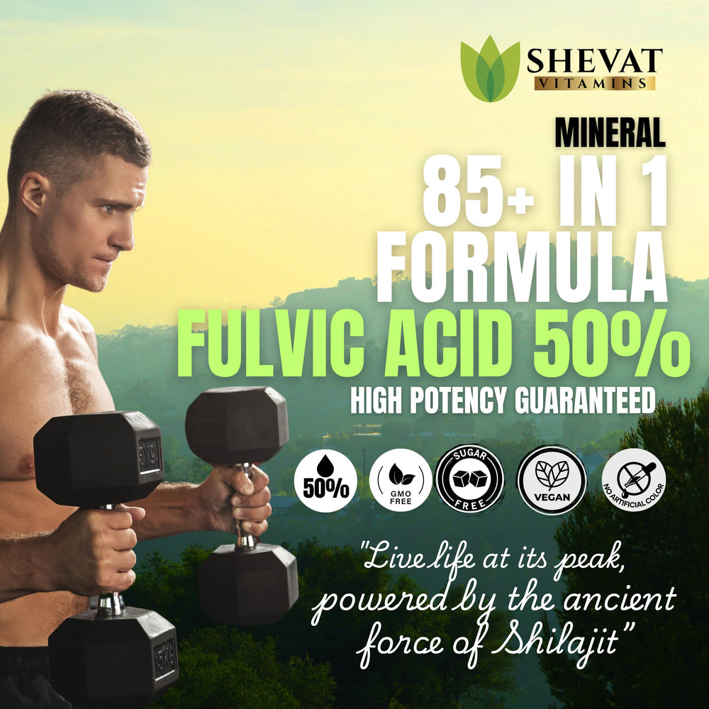 SHEVAT VITAMINS Shilajit capsules close-up, highlighting fulvic acid for mineral-rich wellness.