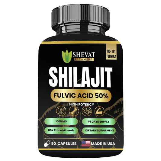 SHEVAT VITAMS Shilajit capsules bottle for daily energy support.