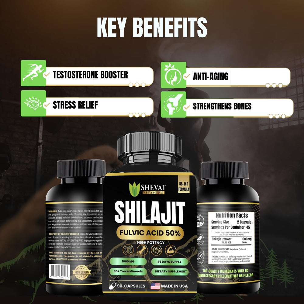 SHEVAT VITAMINS Shilajit tablets close-up, nutrient-dense formula supports daily wellness routines.