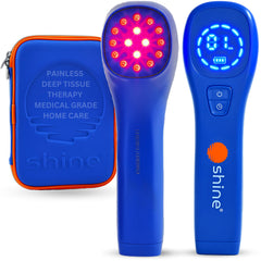 SHINE Relief red and infrared lights glow, signaling targeted area therapy potential.