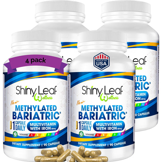 Shiny Leaf bariatric multivitamin bottle front—USA-made, ASMBS-compliant daily nutrition