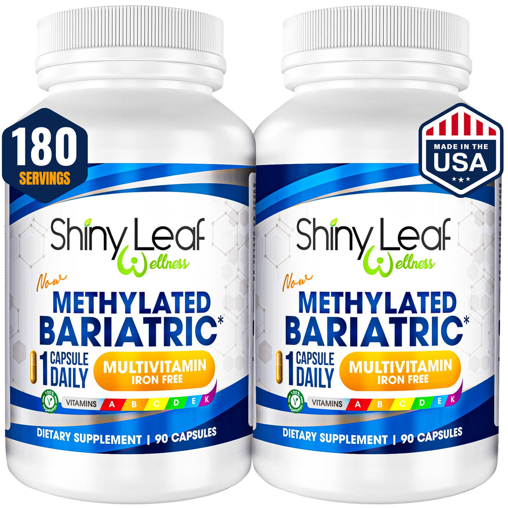 Shiny Leaf bariatric multivitamin bottle on counter supports post-surgery nutrition
