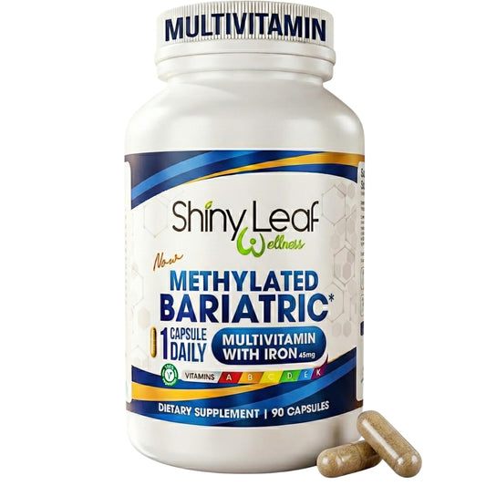 Shiny Leaf bariatric multivitamin bottle supports post-op nutrition and energy.