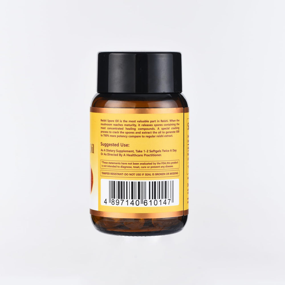 Shomira Reishi Spore Oil in glass bottle signals premium quality.