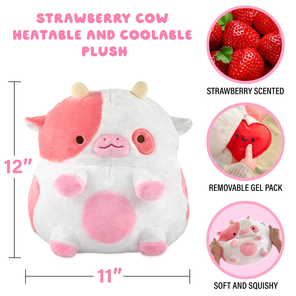 Shopzoki Strawberry Cow Plush with removable gel pack for reusable warmth.