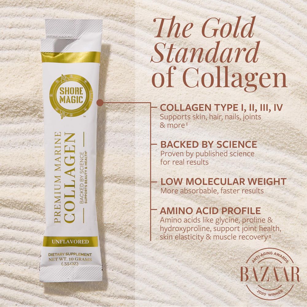 Shore Magic Marine Collagen beverage mix in cup suggests versatile daily use.