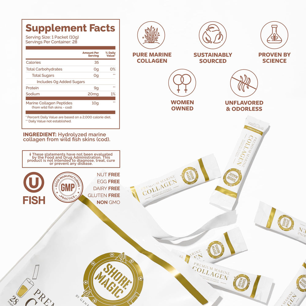 Shore Magic Marine Collagen travel pack box for on-the-go supplementation.