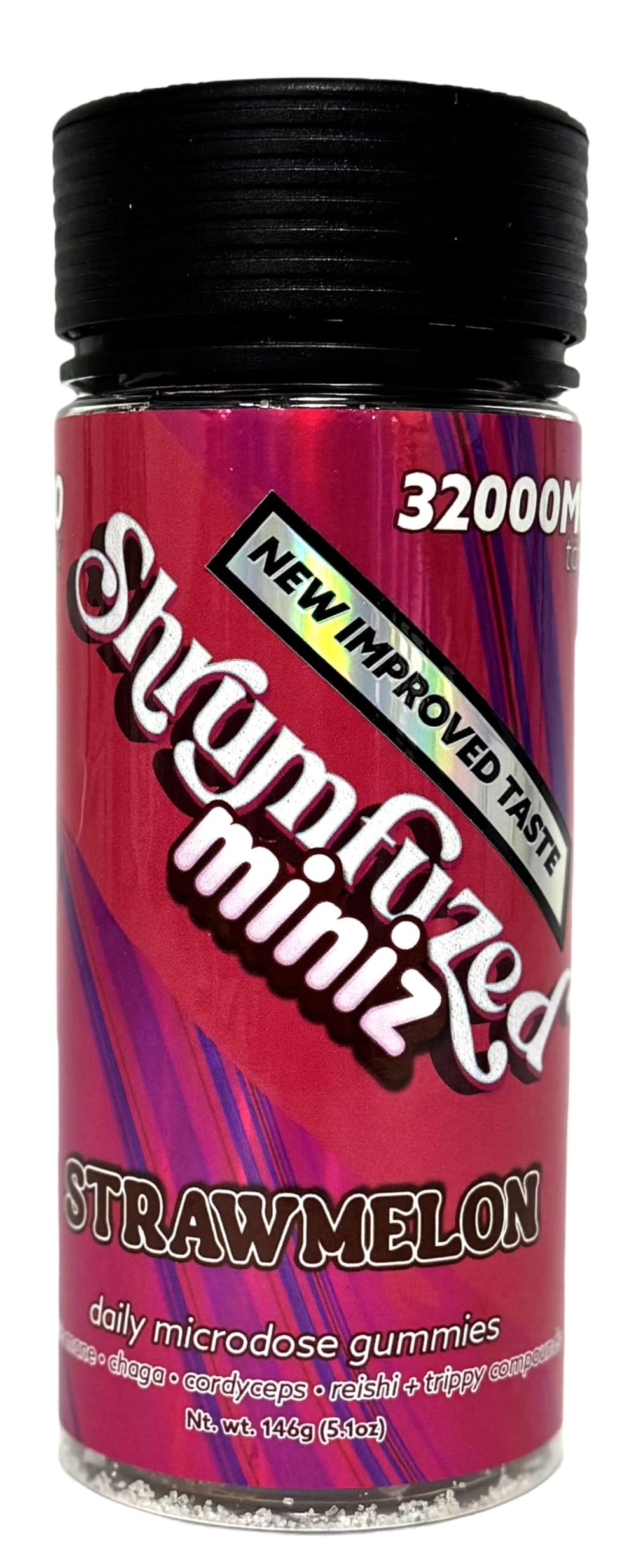 Shrumfuzed Miniz bottle front for daily focus and convenient gummy intake.
