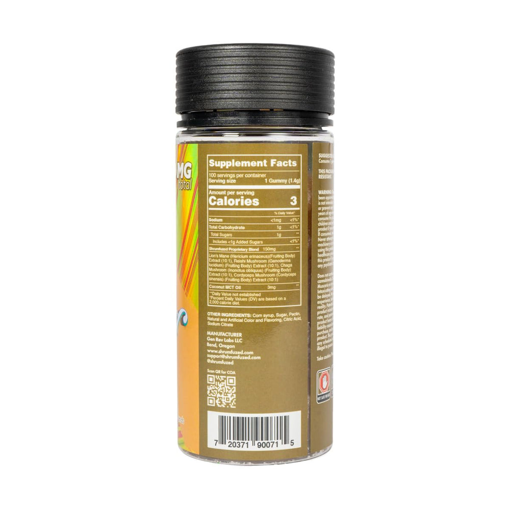 Shrumfuzed Miniz bottle label closeup; tamper-evident packaging supports product integrity.