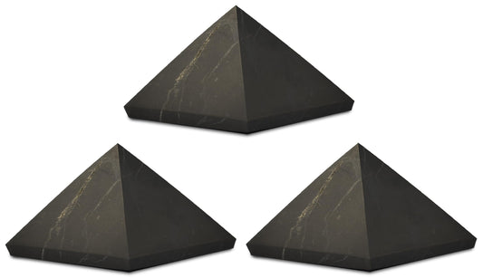 Shungite World 3 pcs pyramid close-up highlighting natural texture and energy balancing potential.