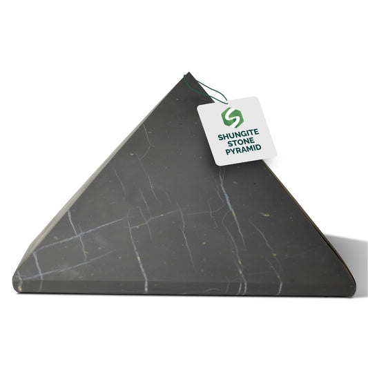 Shungite World authentic shungite pyramid 80mm on desk for energy balance and protection