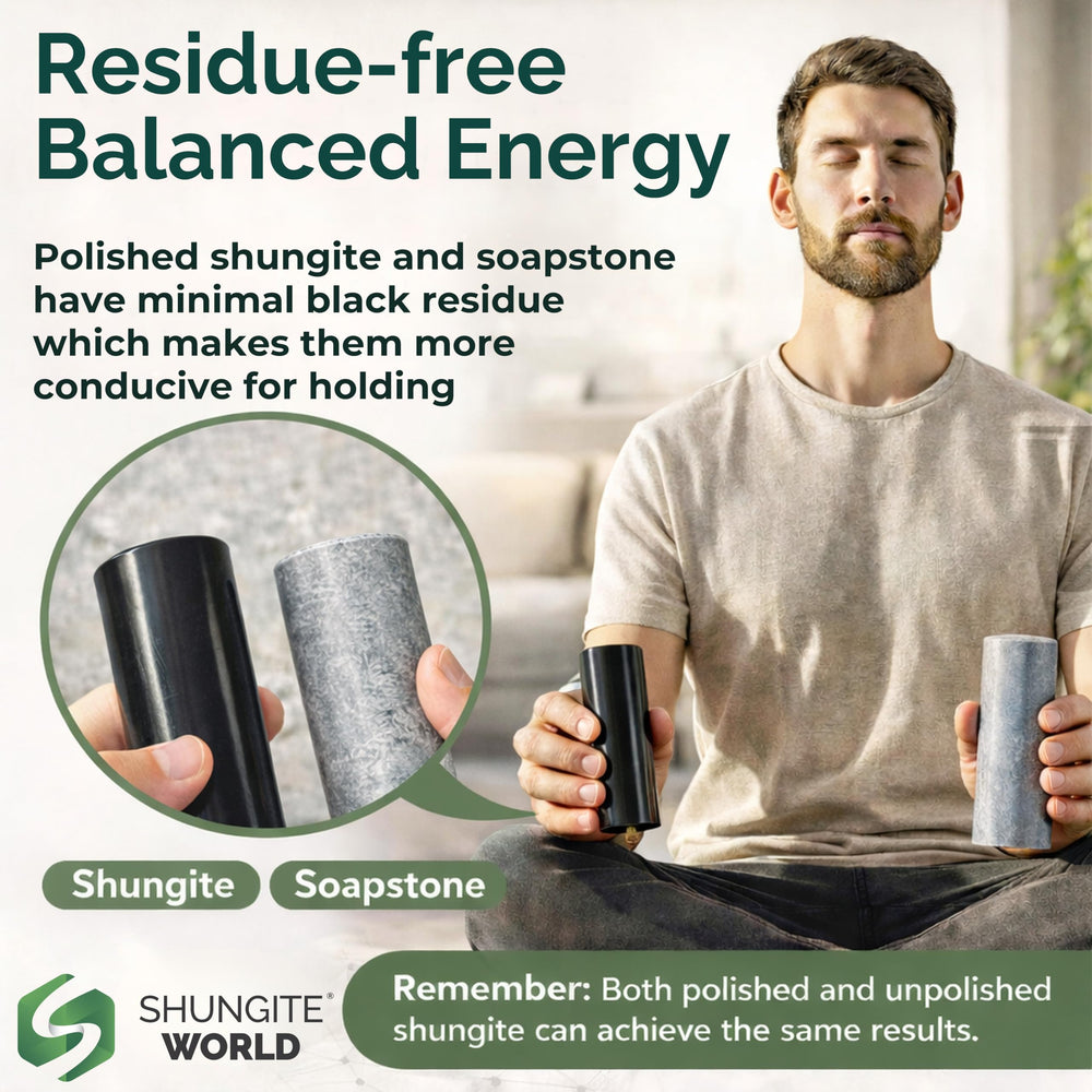 Shungite World harmonizers hands holding cylinders emphasize handheld grounding practice.
