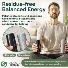 Shungite World harmonizers hands holding cylinders emphasize handheld grounding practice.