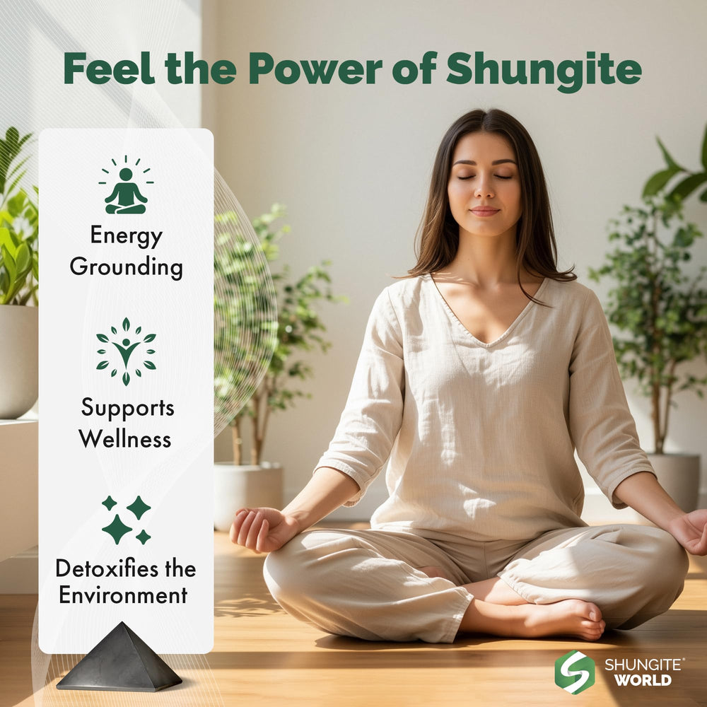 Shungite World polished pyramid side view, desk accessory for focused work.