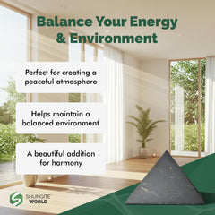 Shungite World pyramid demonstrates a 14 ft energy radius for room balance.