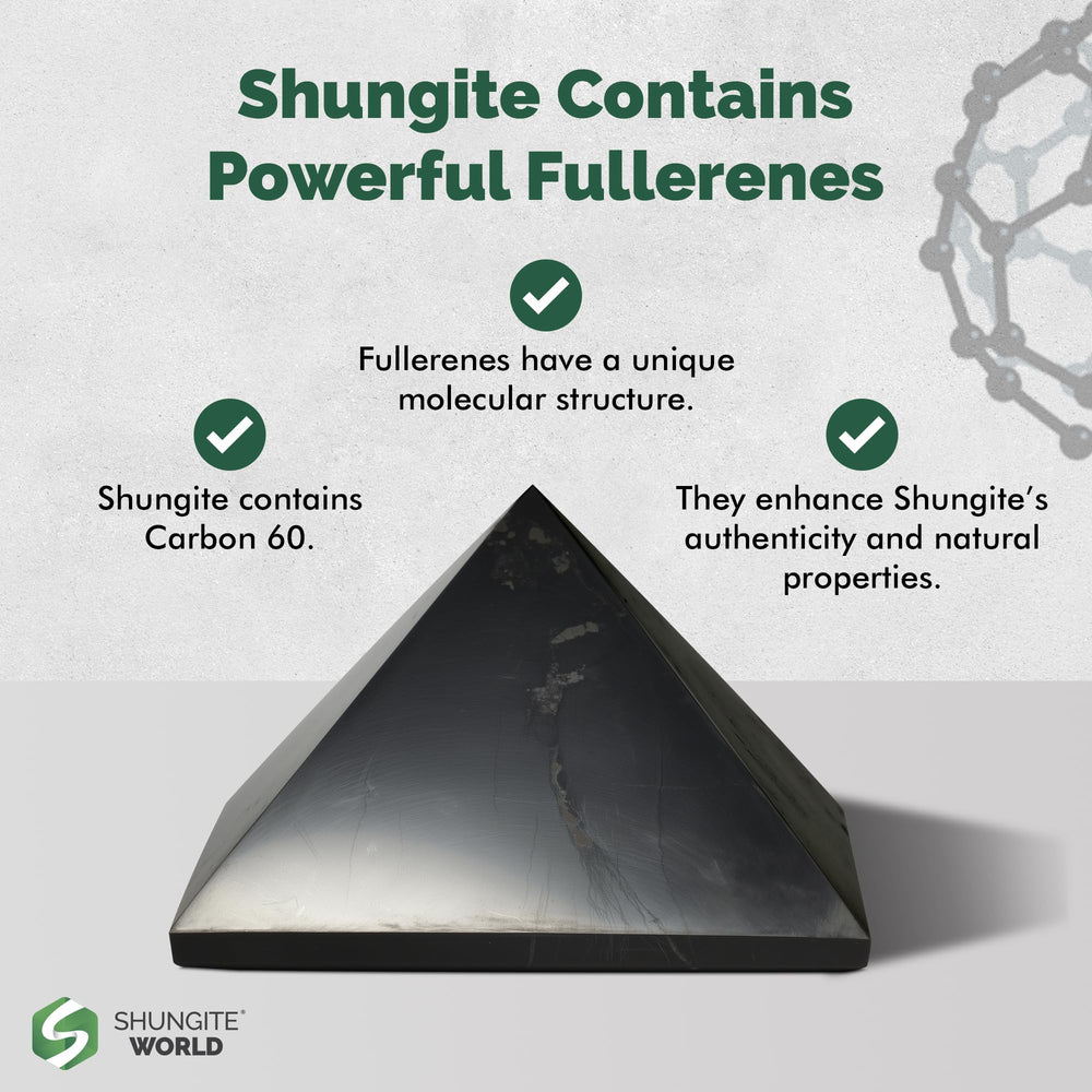 Shungite World pyramid with glossy black finish enhances modern decor.