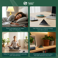 Shungite World pyramid on office shelf may shield devices and maintain calm.