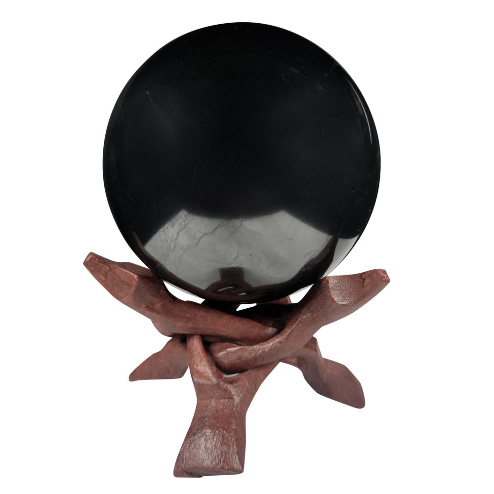 Shungite World 90mm polished sphere close-up as a calming centerpiece.