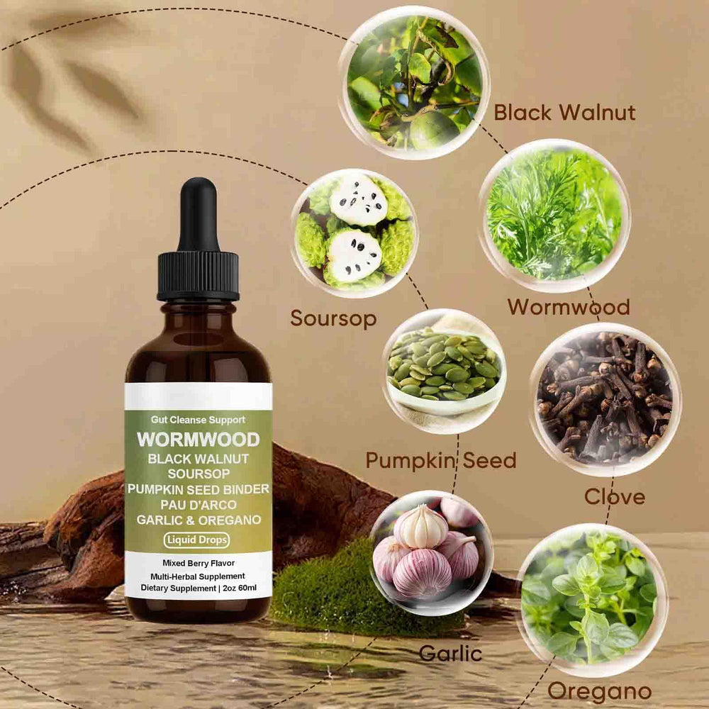 Shwfhi Prozen ingredients closeup with wormwood and herbs for gut balance