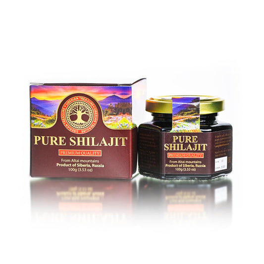 Siberian Treasure Shilajit resin jar shows pure resin in a glass container for easy daily use.