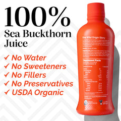Label close-up emphasizing pure sea buckthorn juice and Omega-7 content.