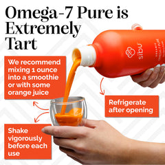 Glass of Sibu Omega-7 Pure beside fruit suggesting a smoothie pairing.