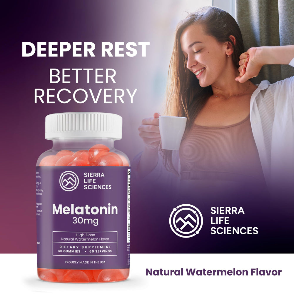 SIERRA LIFE SCIENCES melatonin gummy bottle back shows vegan non-GMO formula