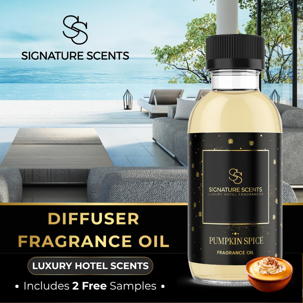 Signature Scents pumpkin spice diffuser oil pour showcasing bold aroma for welcoming entrances.