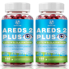 SIGNILIFE AREDS2+ softgels bottle close-up emphasizing antioxidant support for corneal and retinal health.