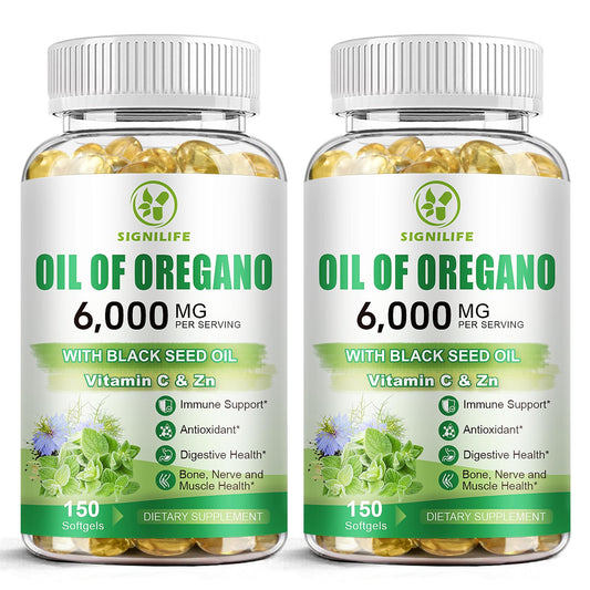 SIGNILIFE oil of oregano with black seed oil bottle front, premium formula.