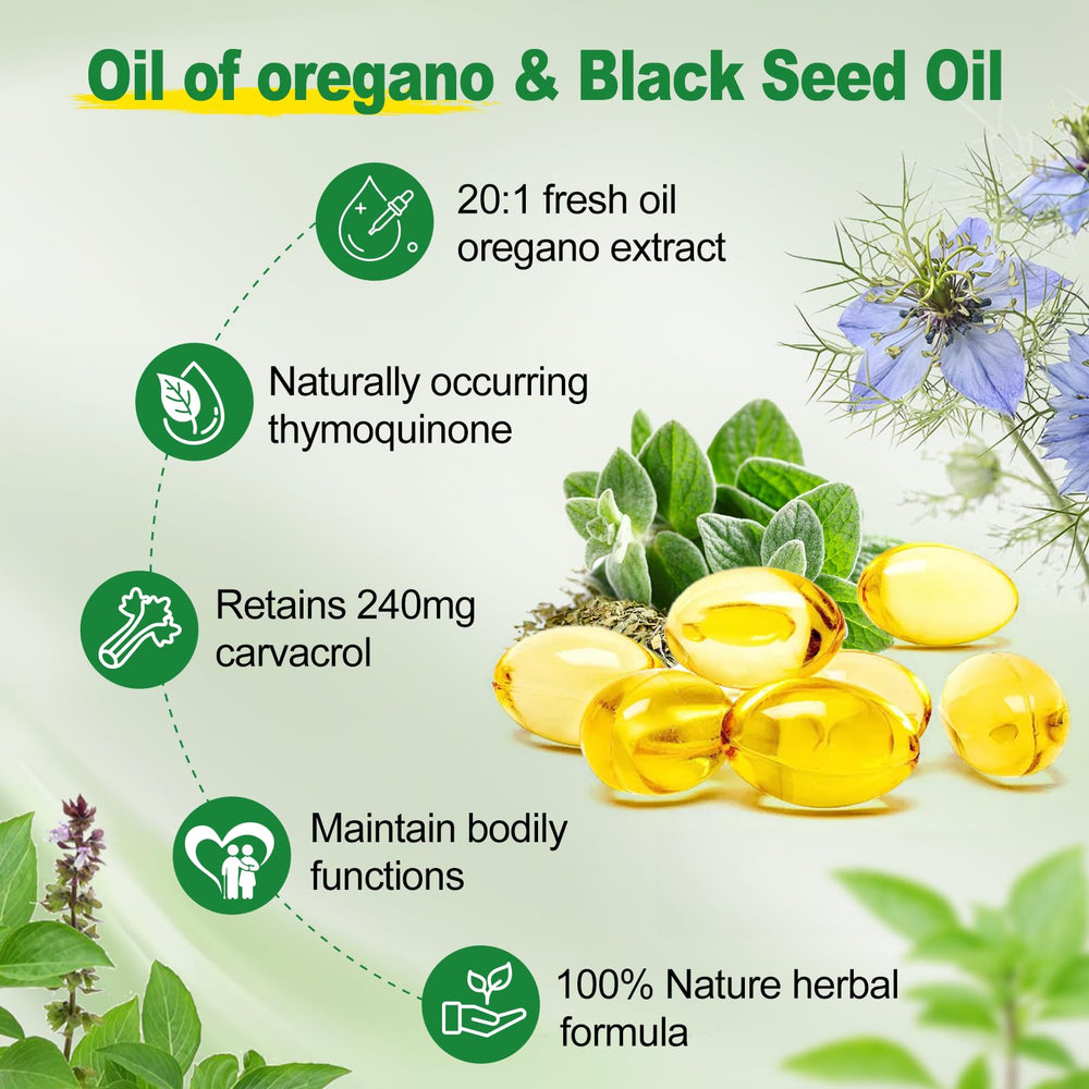 Softgels poured from SIGNILIFE oregano blend bottle for daily routine.