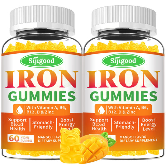 Sijigood iron gummies bottle front shows vegan mango flavor and easy daily intake.
