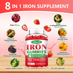 Packaging label of Sijigood iron gummies highlighting quality