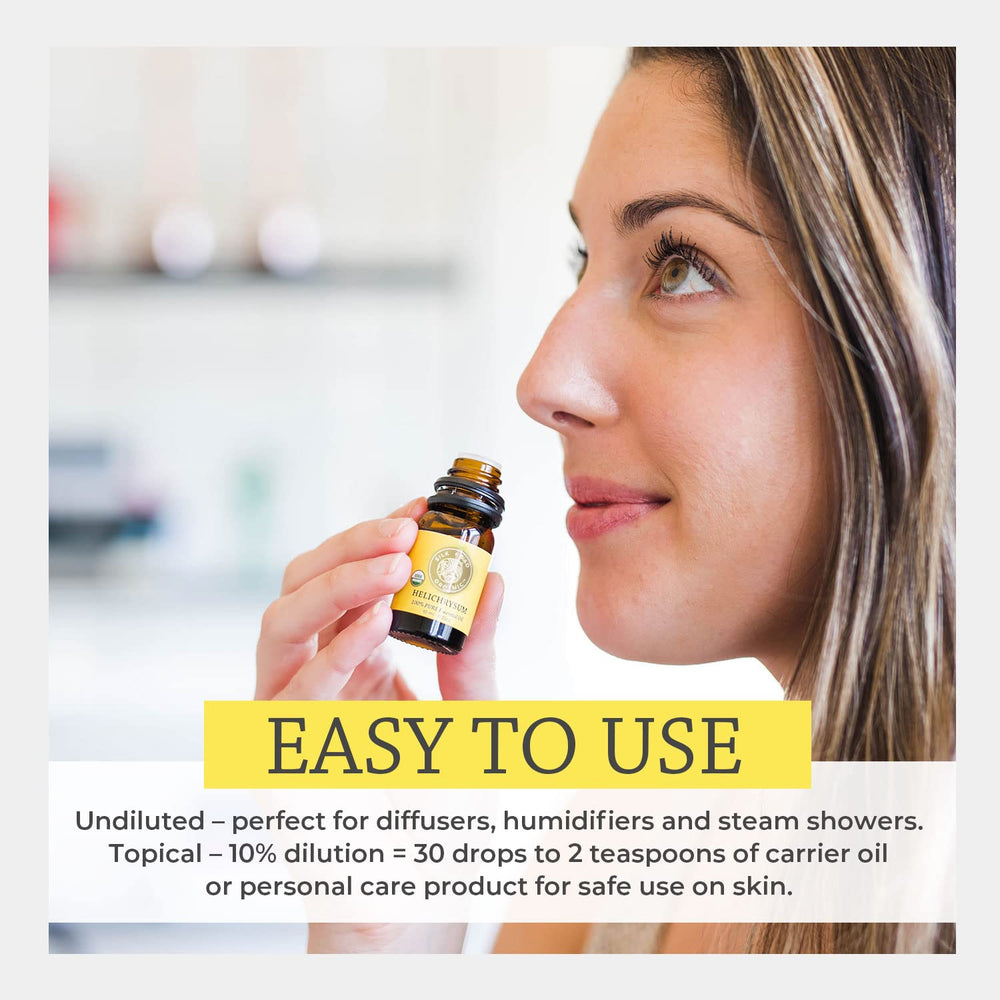 Product label and bottle showcasing organic certification and purity of Silk Road Organic Helichrysum