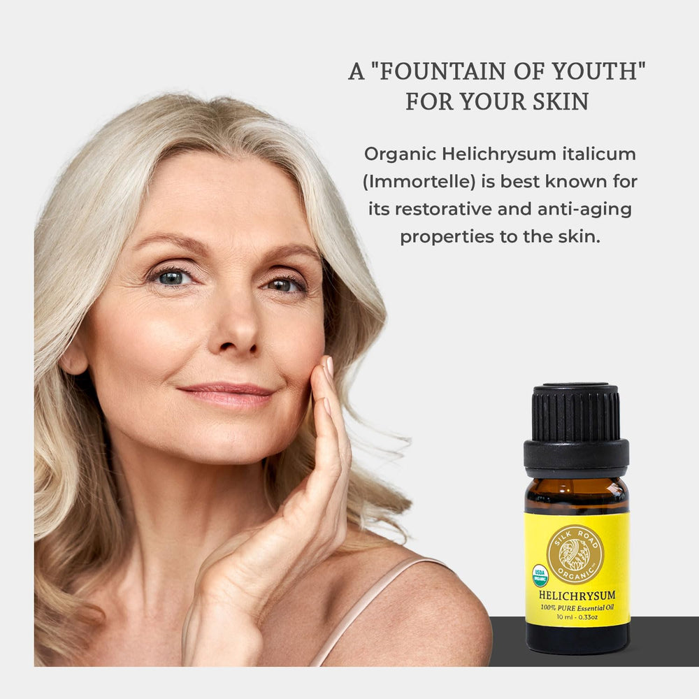 Close-up of Silk Road Organic Helichrysum Italicum oil dropper ready for small skincare applications