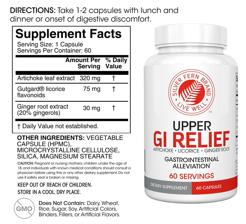 Silver Fern GI Relief bottle back label shows ingredients for potential support after meals.