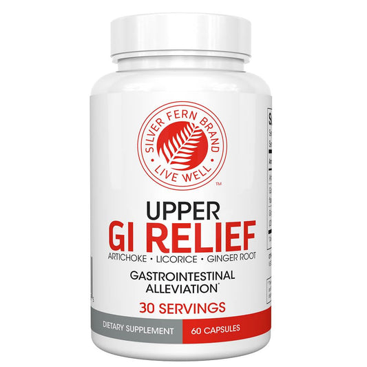 Silver Fern GI Relief bottle front offers natural digestive support.