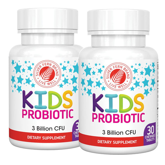 Silver Fern Kids Ultimate Probiotic bottle front with berry-chewable tablets for daily gut support