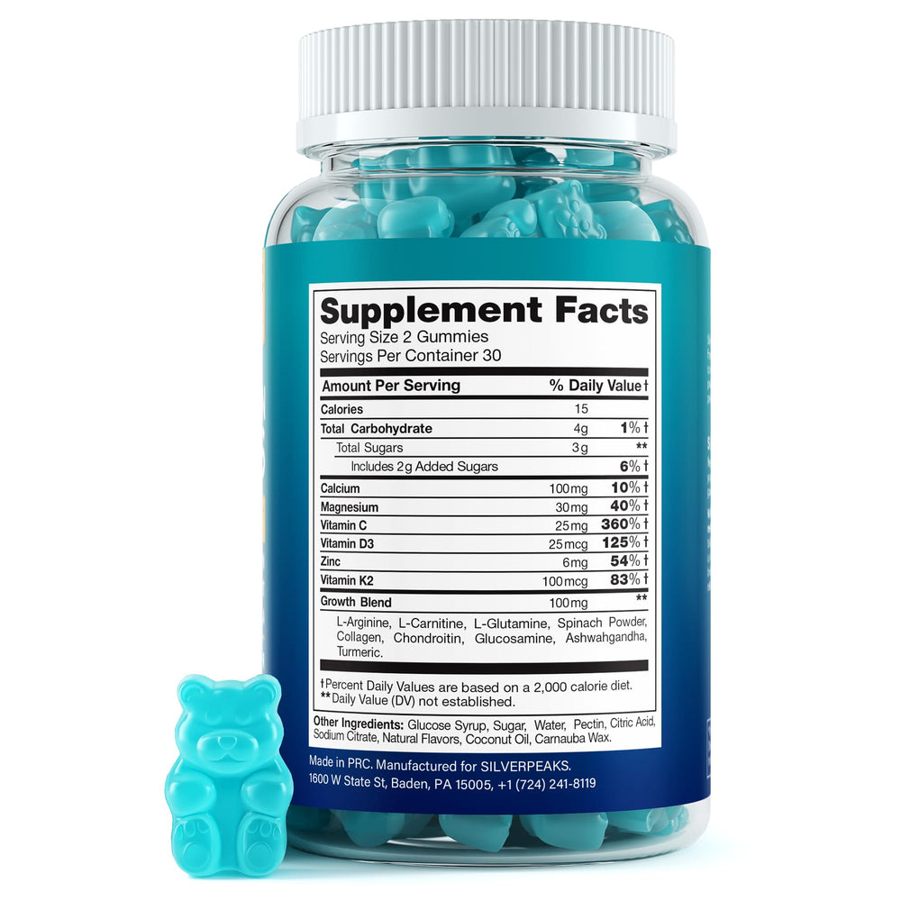 Silverpeaks Height Growth Gummies packaging showing easy two-gummy daily dosage.