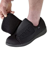 Silvert's Adaptive men's neoprene extra-wide ultra comfort flex shoes inside-closure illustrates easy adjustability.