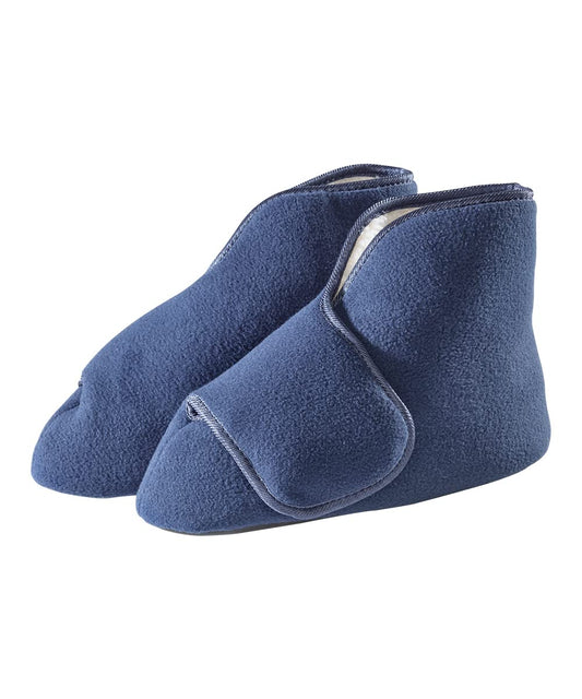 Silverts extra-wide navy bootie slippers, upper view showing roomy fit.