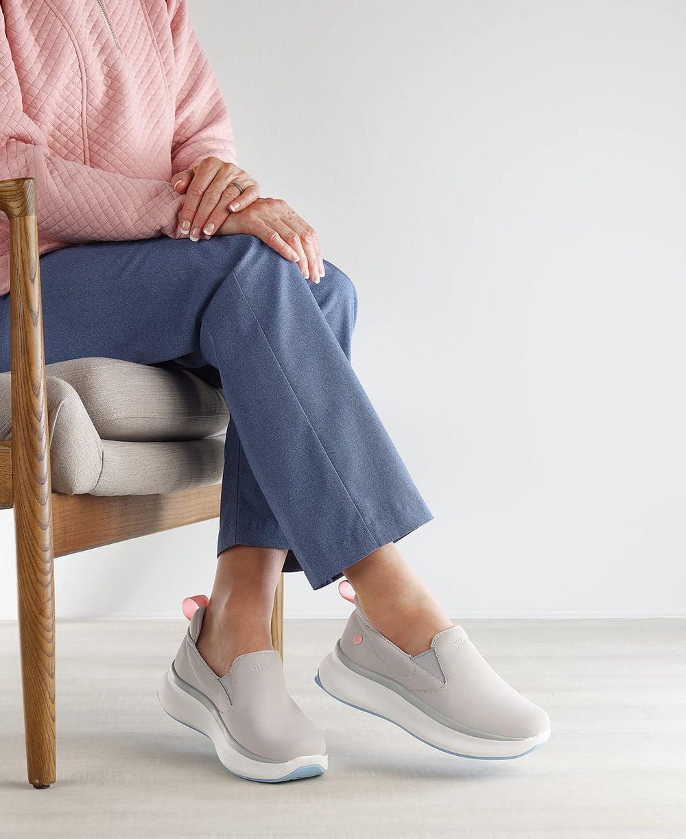Silvert's pink slip-on shoes, closure close-up, Easy-Touch fastening