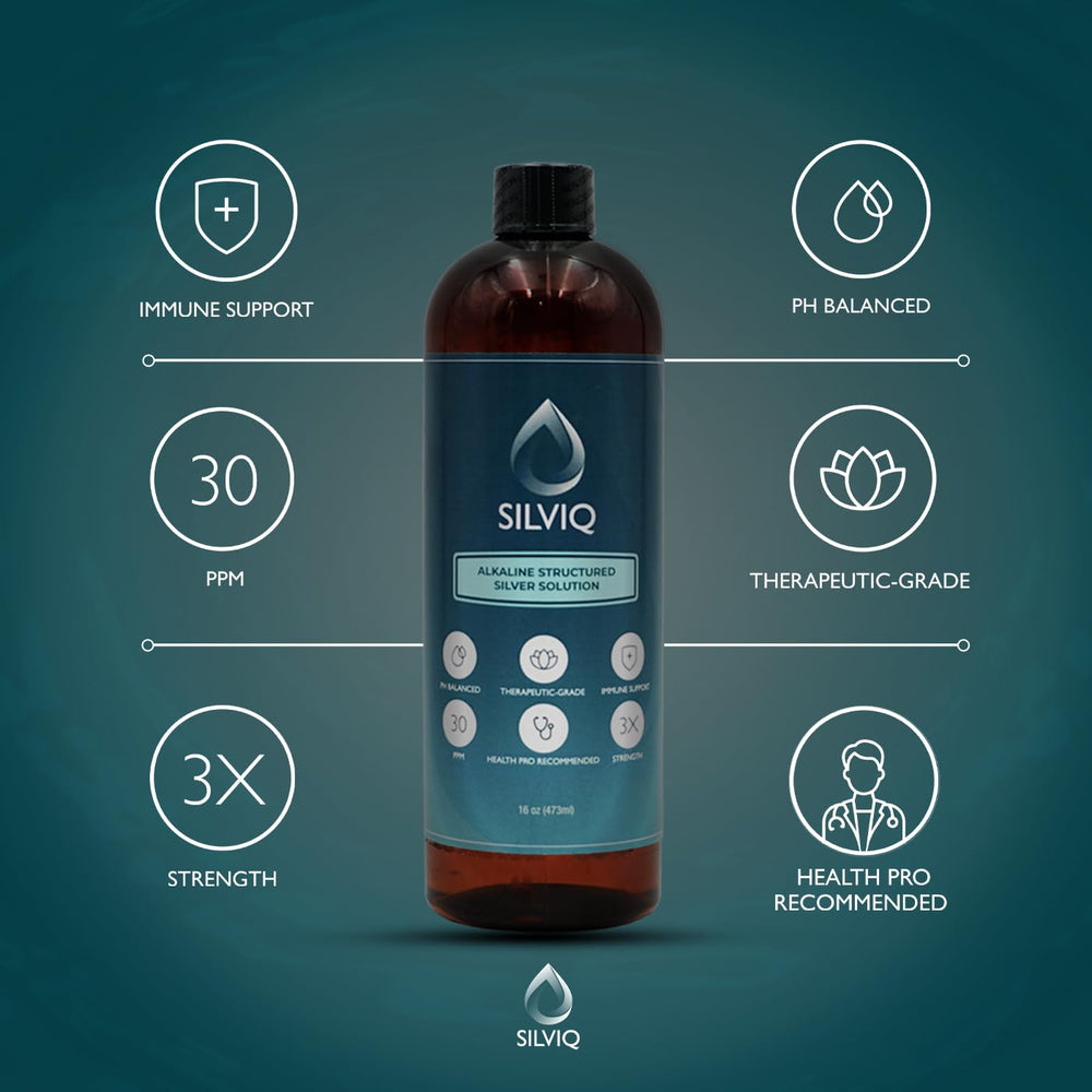 Glass with SILVIQ structured silver water beside citrus fruits for daily wellness.