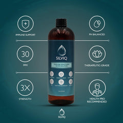 Glass with SILVIQ structured silver water beside citrus fruits for daily wellness.