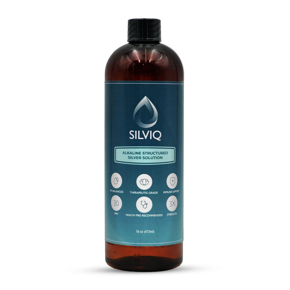 SILVIQ Structured Silver Water bottle showing 30ppm formula for immune support.