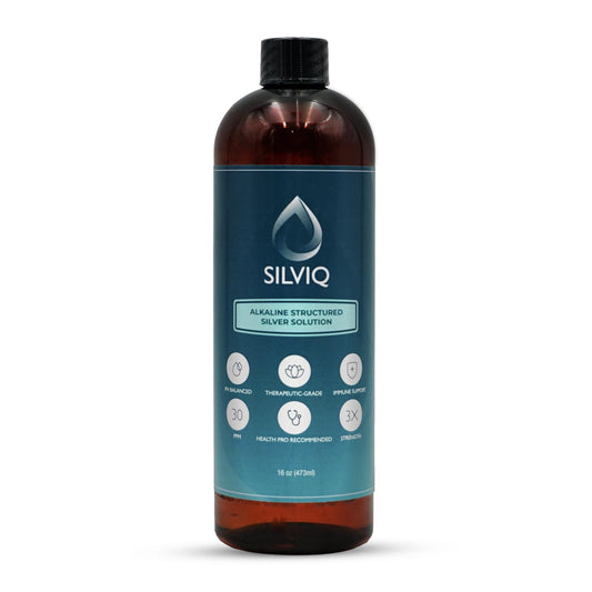 SILVIQ Structured Silver Water bottle showing 30ppm formula for immune support.